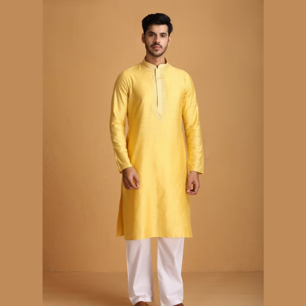 Manyawar Lemon Yellow Kurta Set With Collar And Placket Embroidery