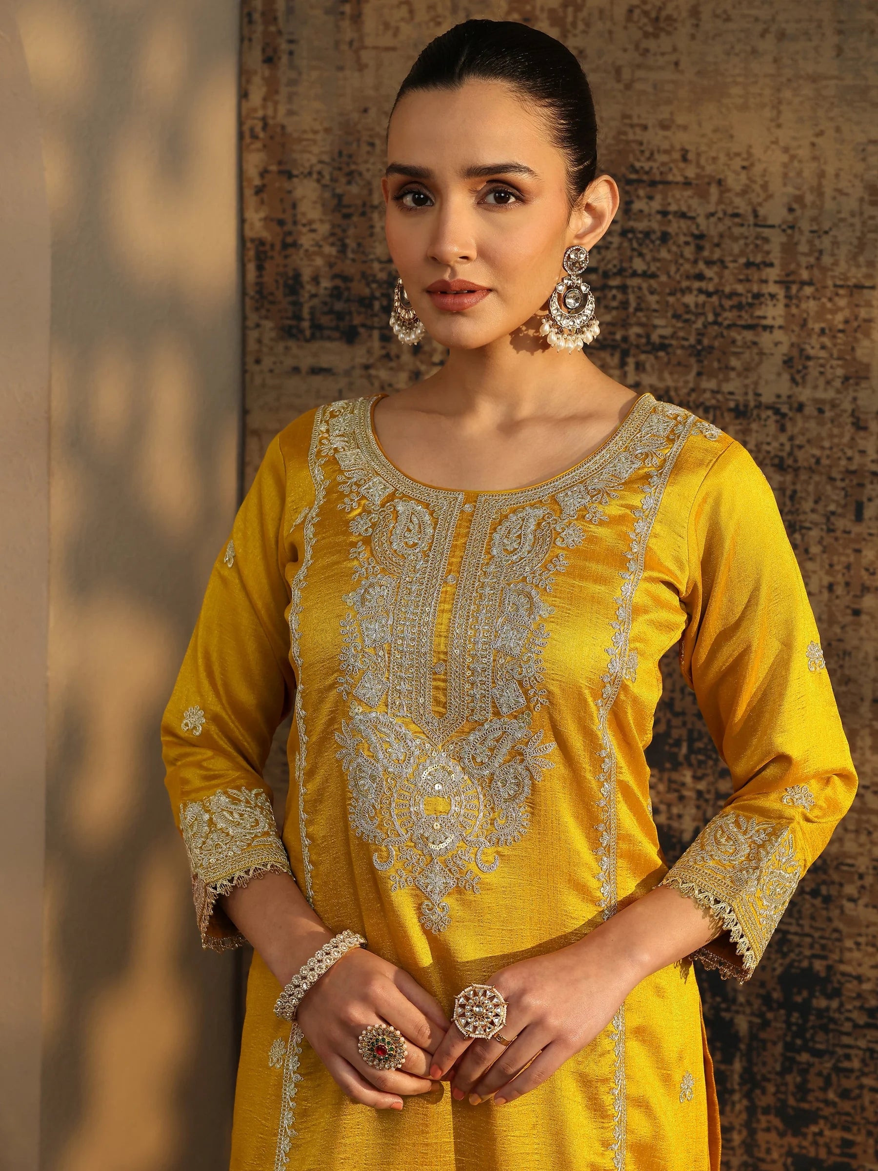 Libas Art Mustard Embroidered Organza Straight Suit Set With Dupatta | Ready To Wear