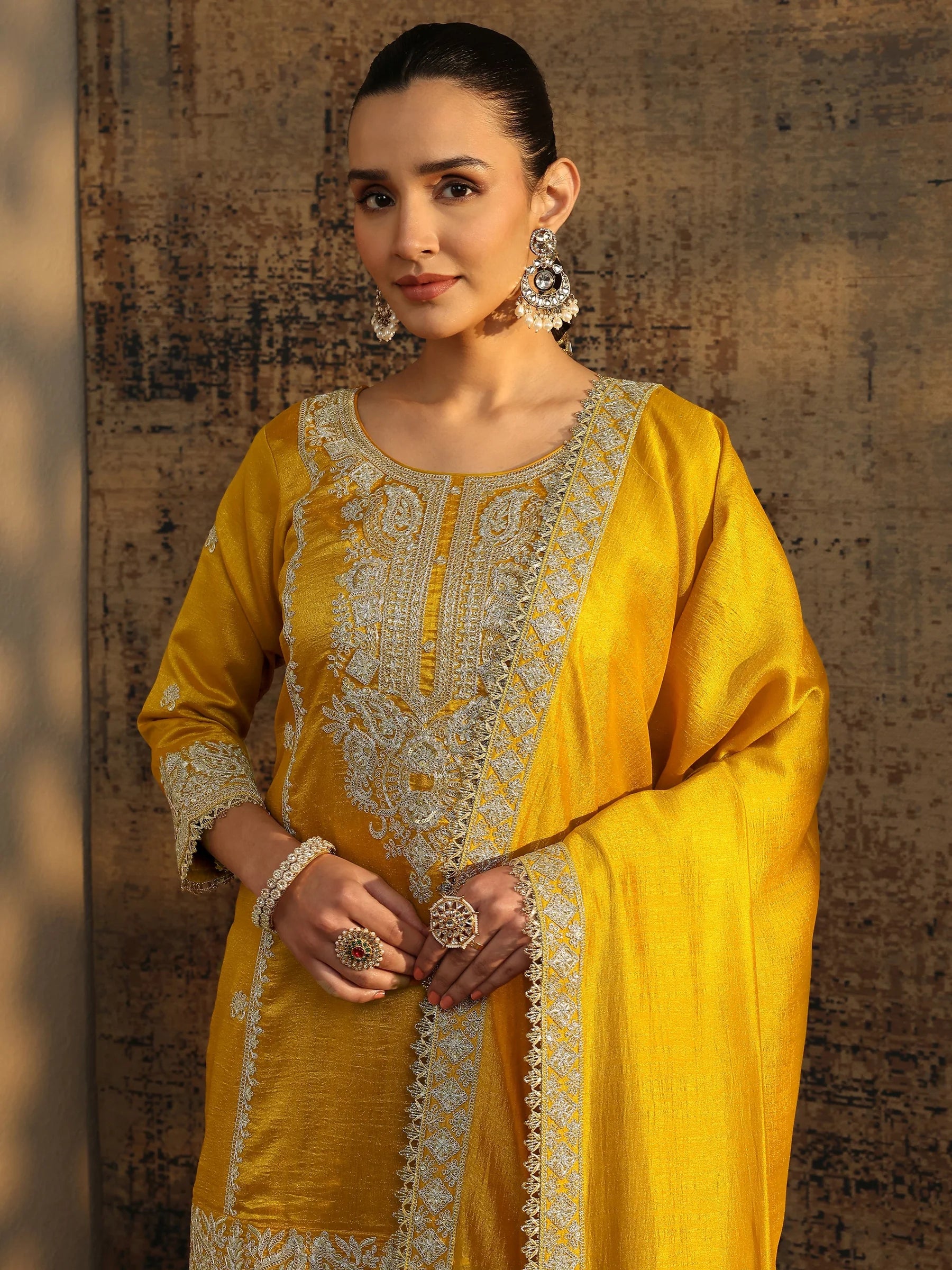 Libas Art Mustard Embroidered Organza Straight Suit Set With Dupatta | Ready To Wear