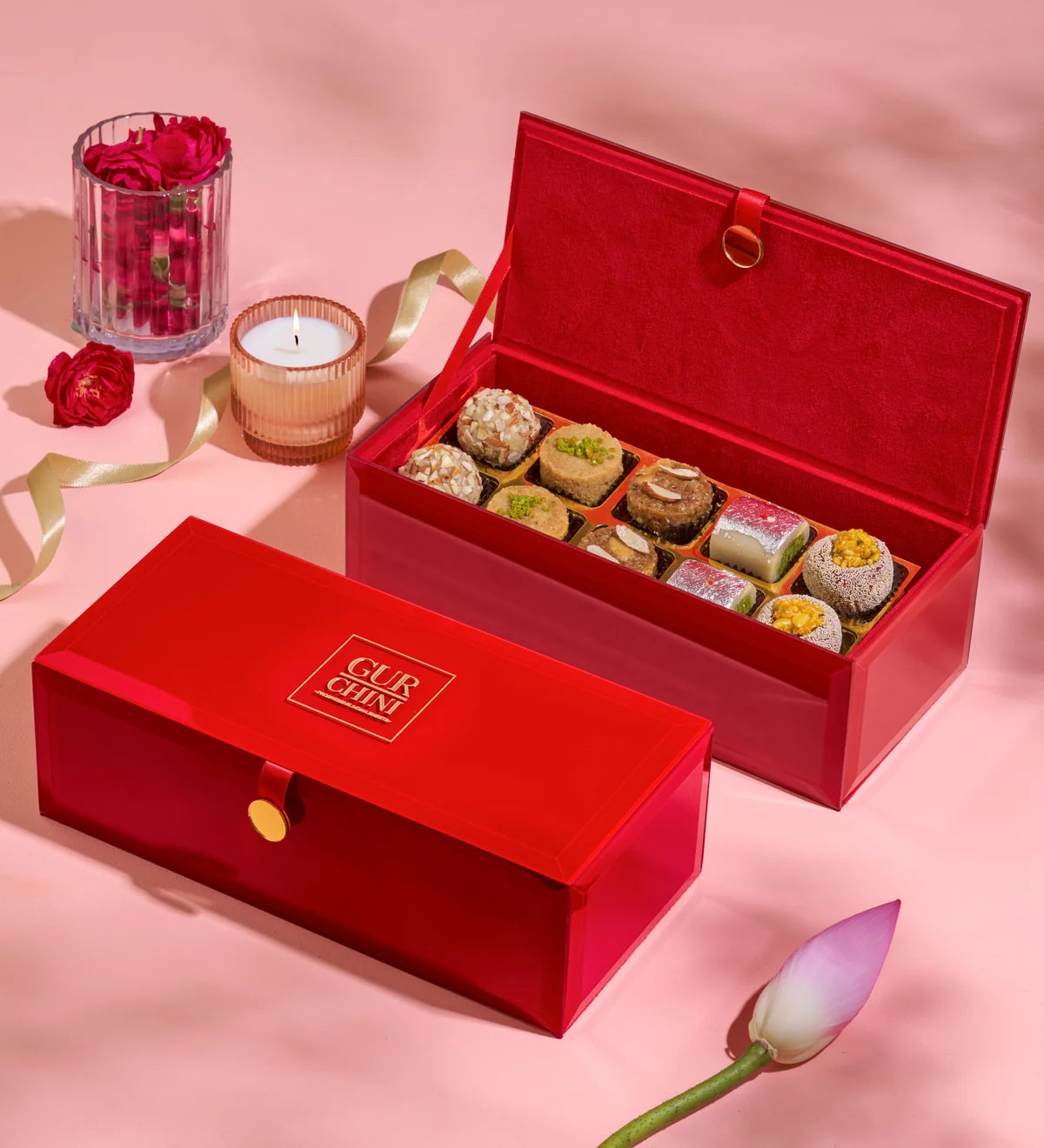 Gur Chini Luxury Red Glass Top 10 Cavities Box