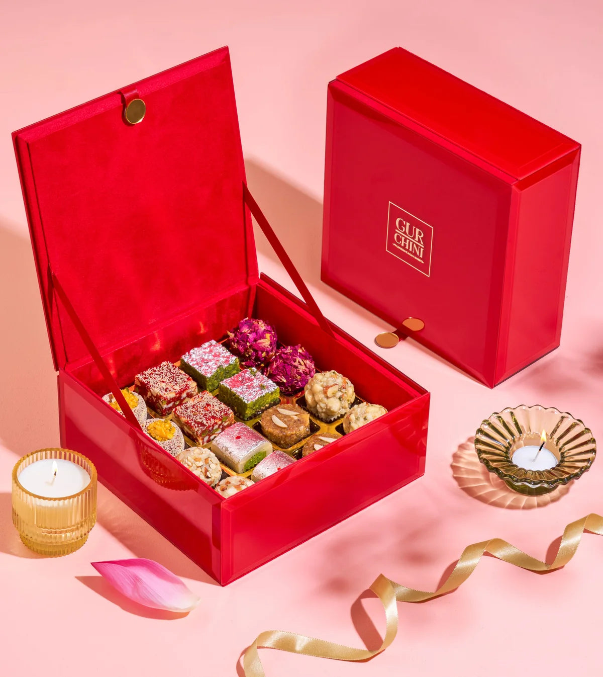 Gur Chini Luxury Orange Glass Top 16 Cavities Box