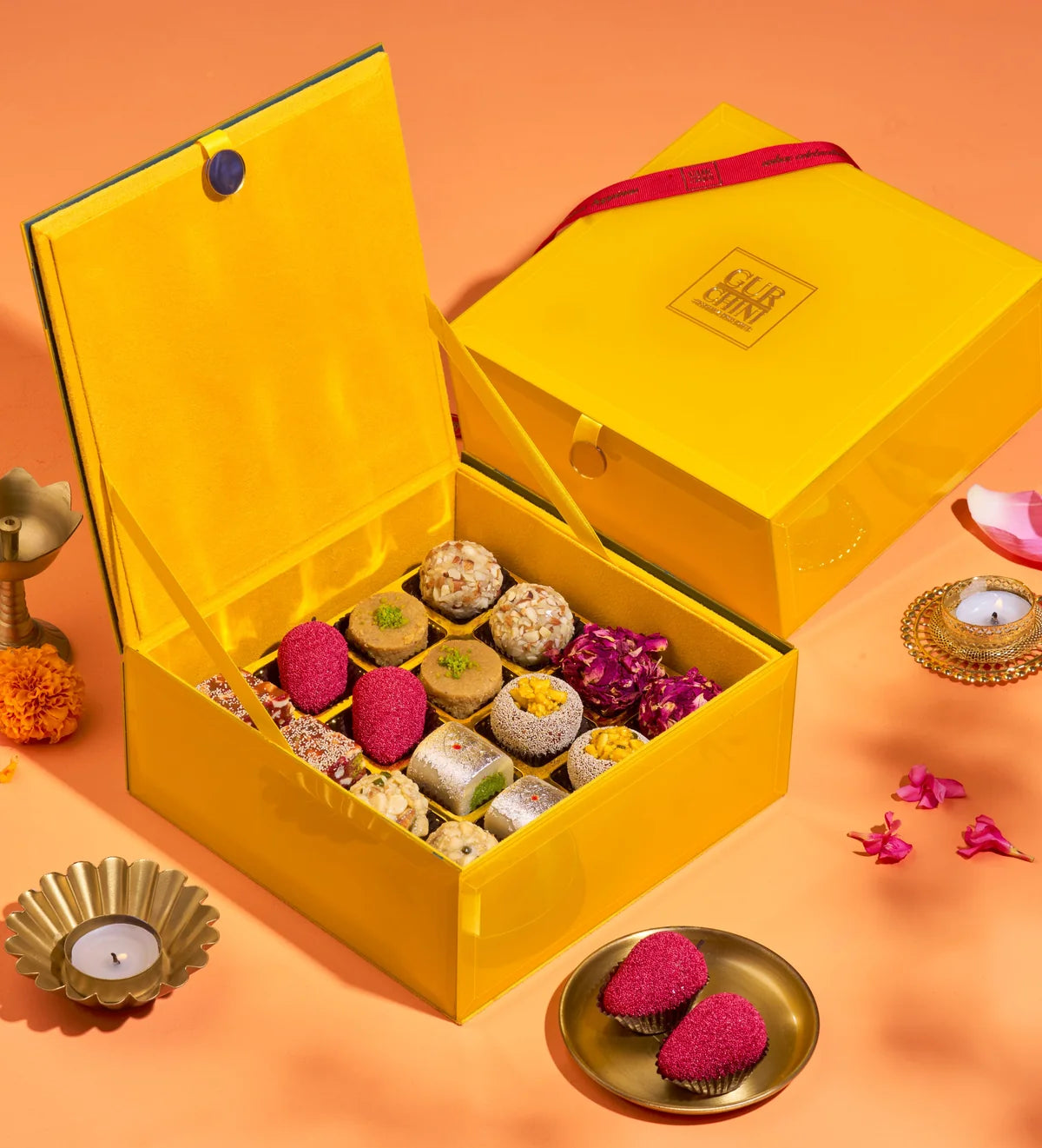 Gur Chini Luxury Orange Glass Top 16 Cavities Box