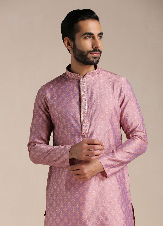 Manyawar Dusty Rose Pink Jacquard Patterned Kurta Set - India shopping