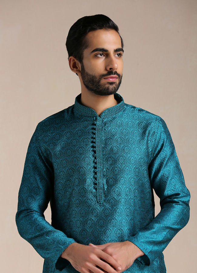 Manyawar Peacock Blue Jacquard Patterned Kurta Set - India shopping