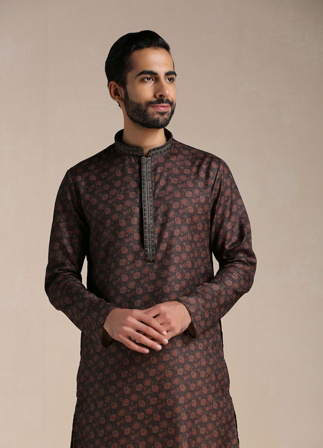 Manyawar Anthracite Black Printed Kurta Set