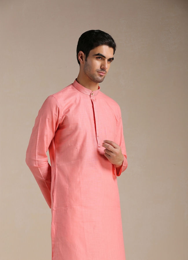 Manyawar Coral Pink Mandarin Collared Kurta Set - India shopping