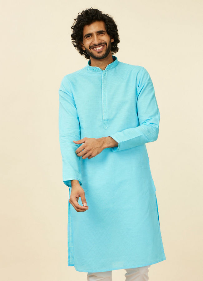 Manyawar Ocean Blue Self Design Kurta Set