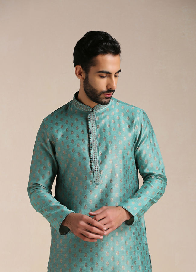 Manyawar Teal Green Jacquard Patterned Kurta Set