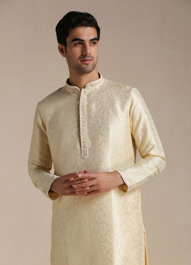 Manyawar Soft Beige Jacquard Patterned Kurta Set