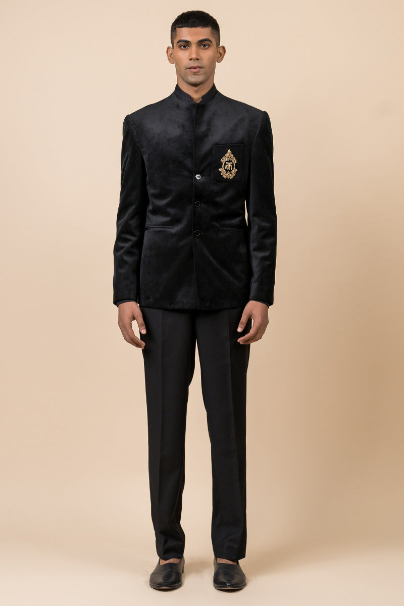 Velvet Bandhgala With Embroidered Crest