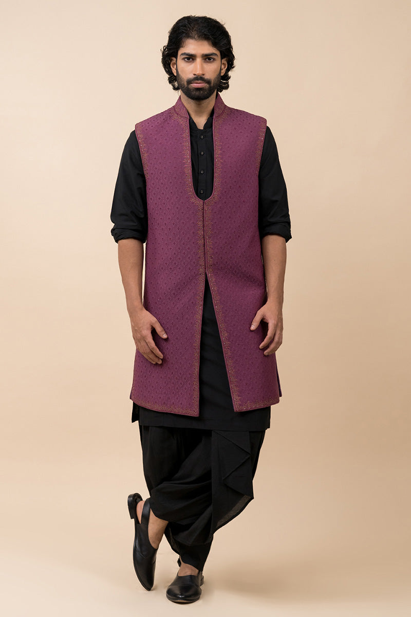 Purple Zari Quilted Sleeveless Sherwani