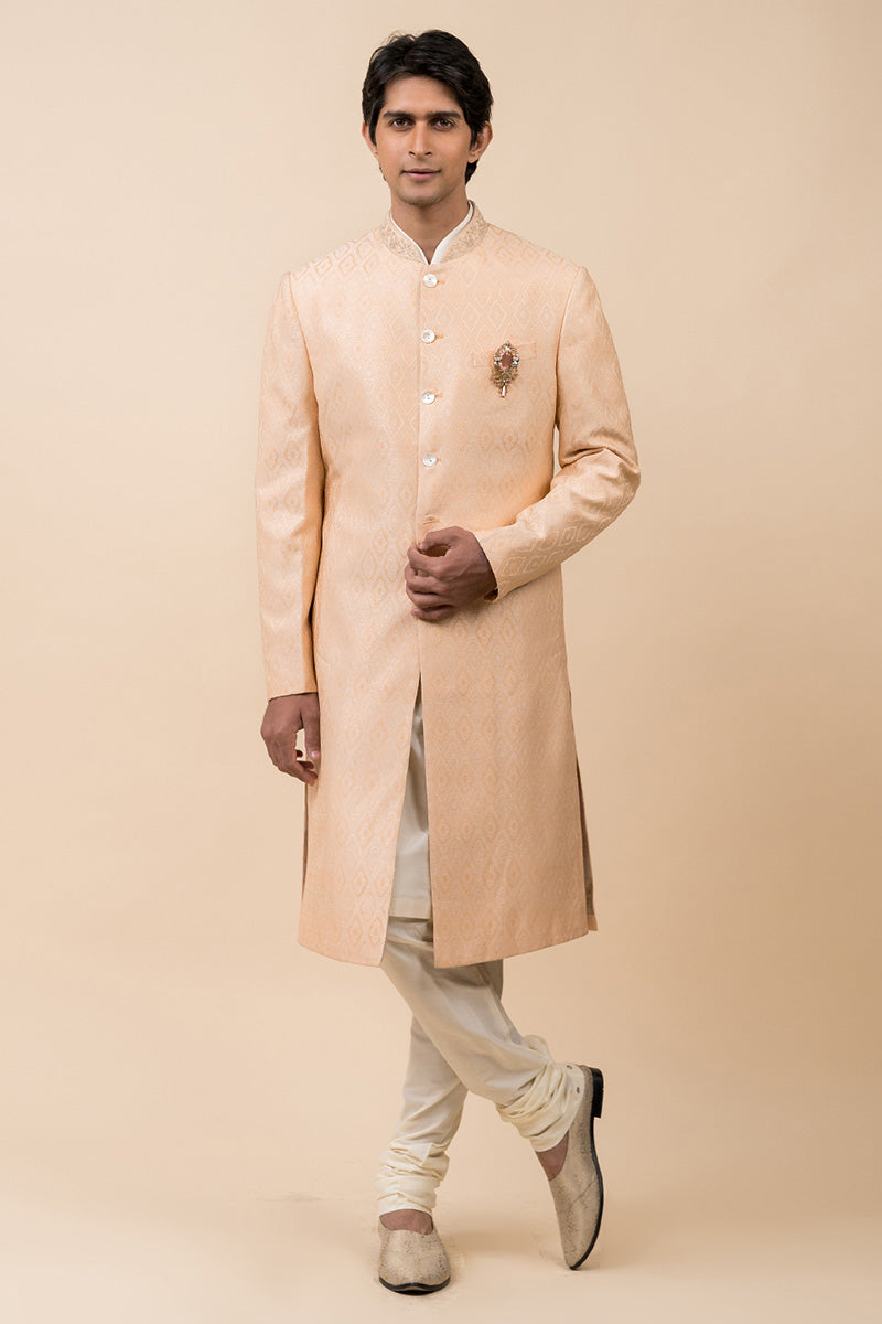 Peach Classic Sherwani With Embroidered Collar