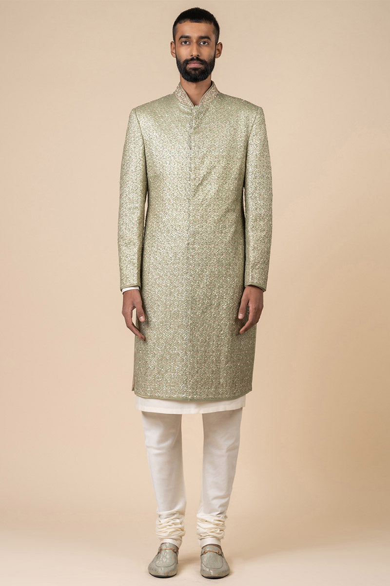 Light Green Brocade Sherwani all over Embroidery