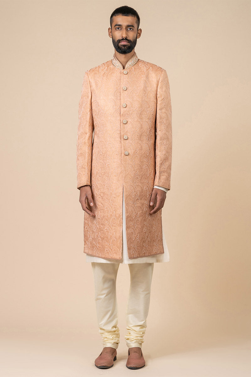 Peach All Over Embroidered Sherwani In Brocade