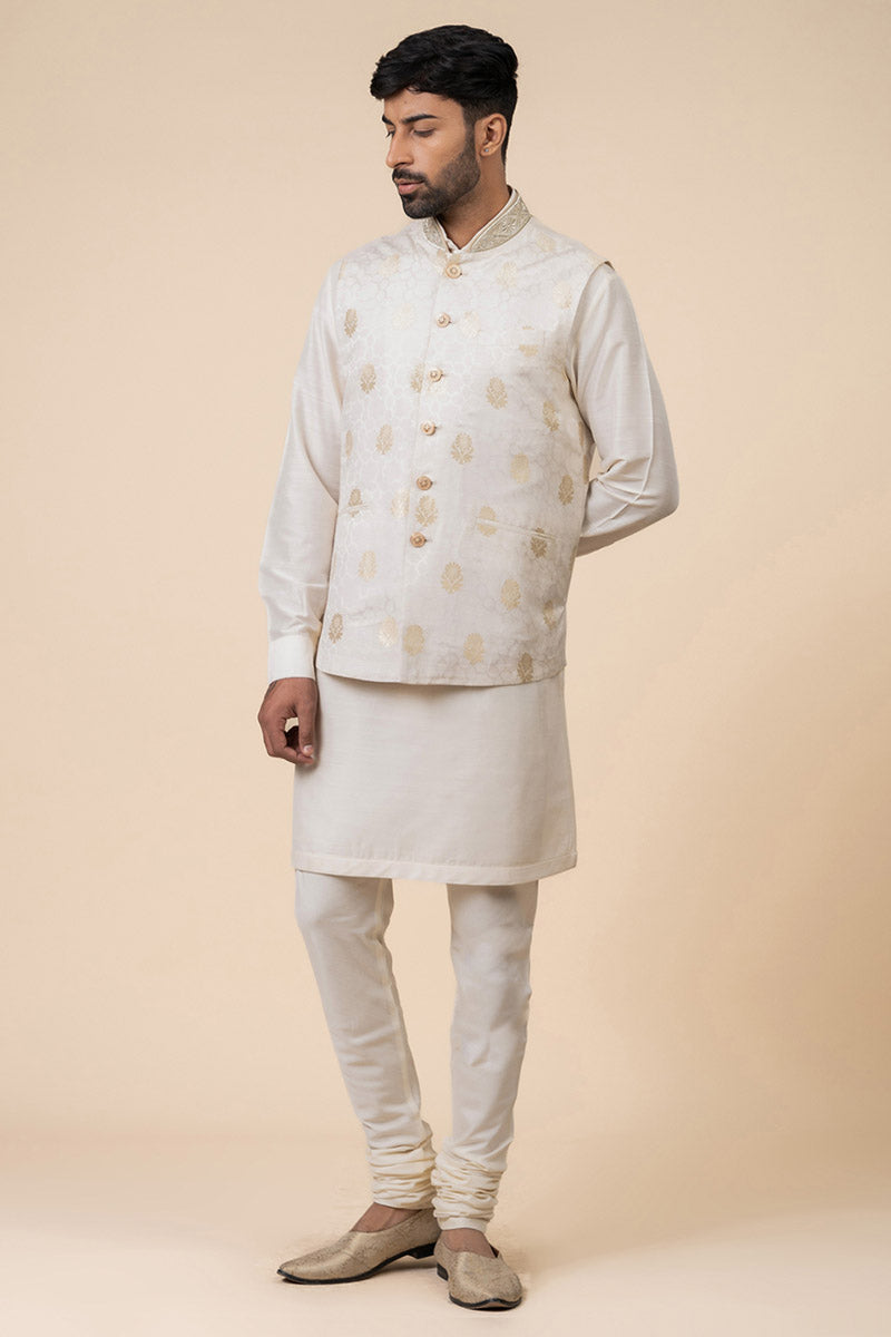 Ivory Silk Brocade Kurta Bundi Set