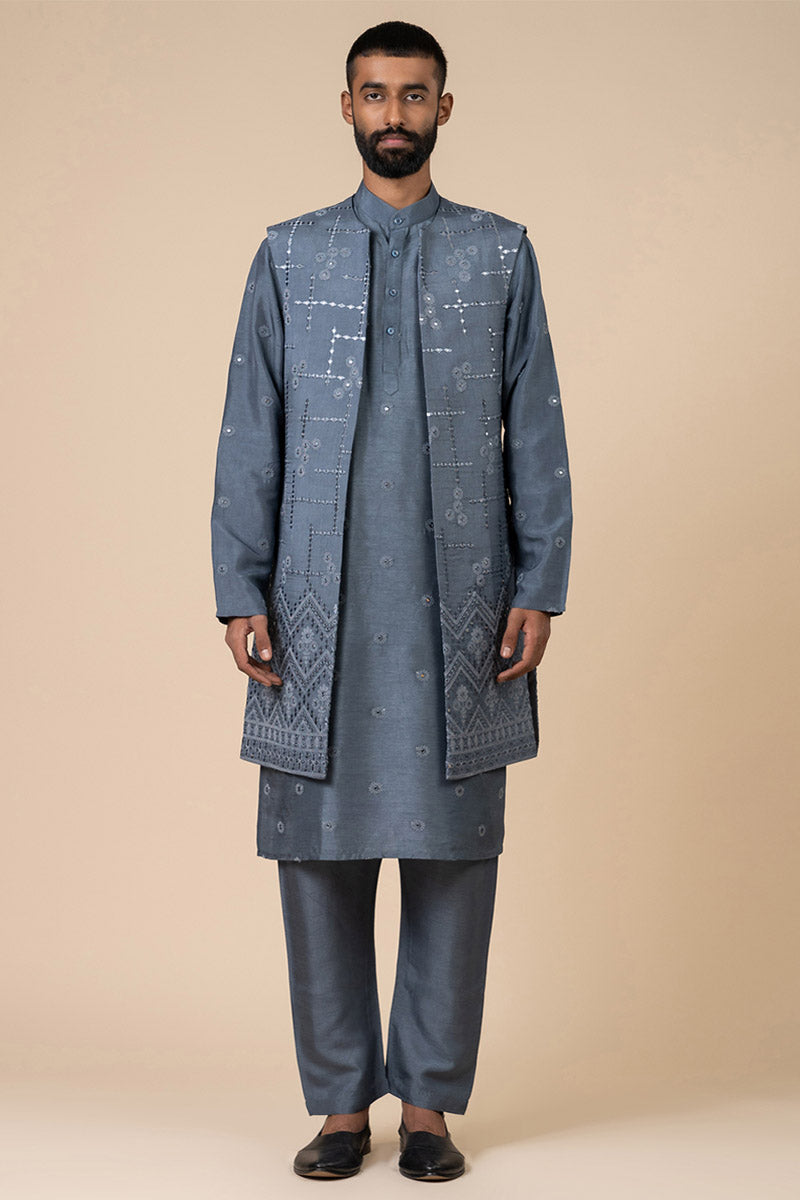 Grey Open Front Kurta Bundi Set