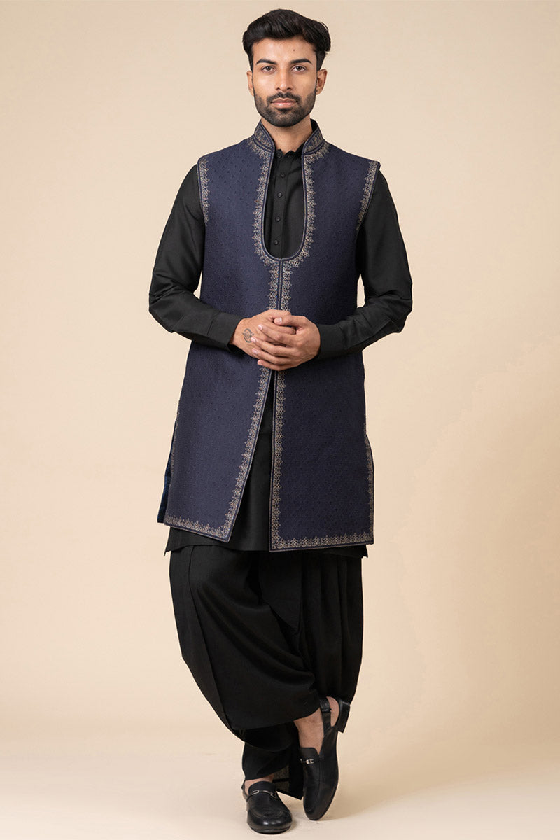 Navy Zari Quilted Sleeveless Sherwani