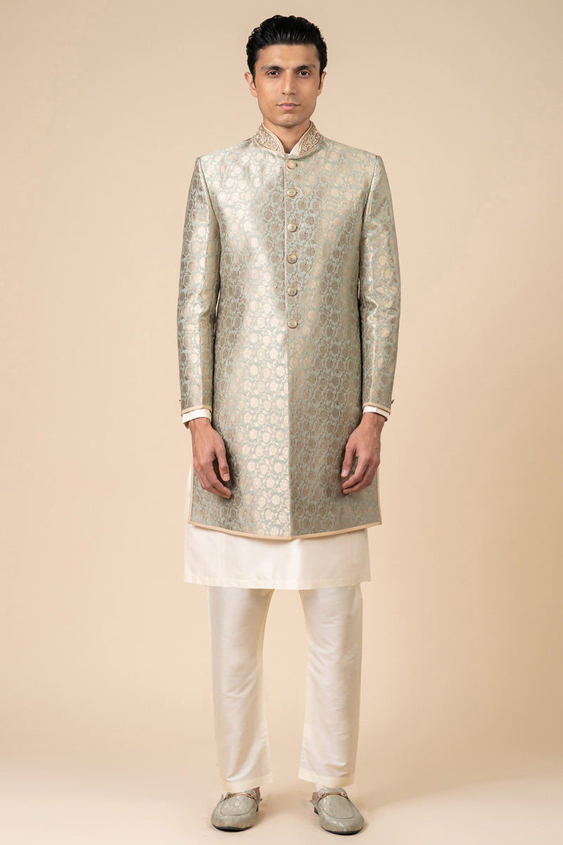 Aqua Brocade Achkan With Embroidered Collar