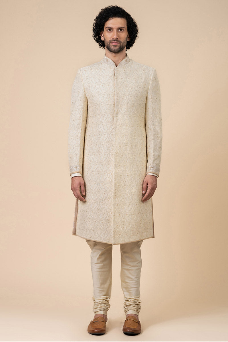 Ivory Classic Sherwani In Schiffli Base