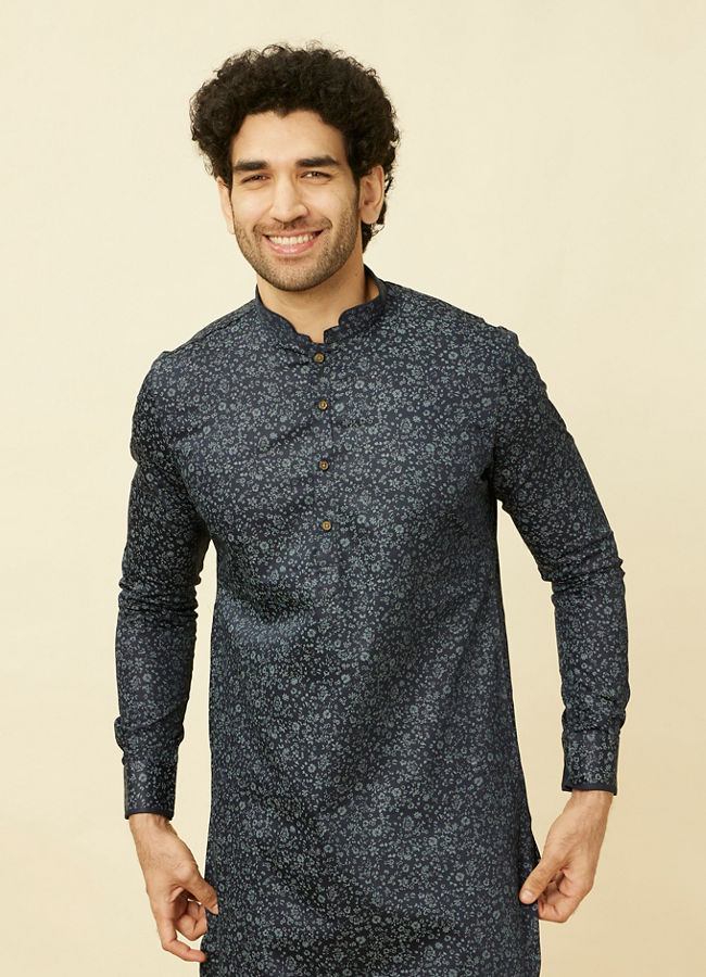 Manyawar Maritime Blue Floral Printed Kurta