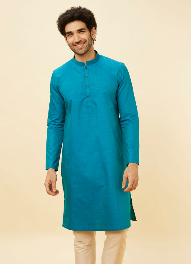 Manyawar Teal Green Self Striped Kurta