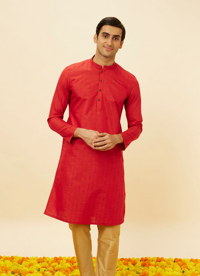 Manyawar Scarlet Red Self Striped Kurta