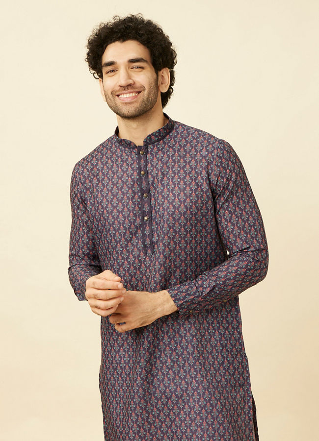 Manyawar Deep Blue Floral String Printed Kurta