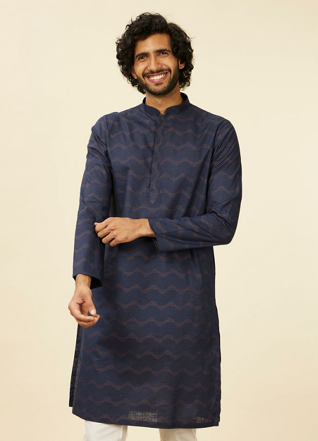 Manyawar Dark Blue Wave Print Kurta