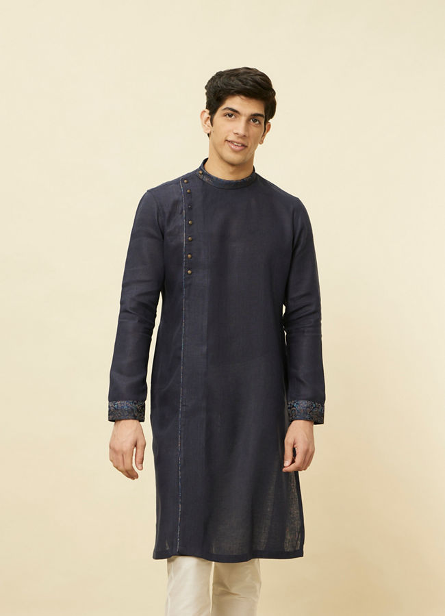 Manyawar Navy Blue Angrakha Style Kurta