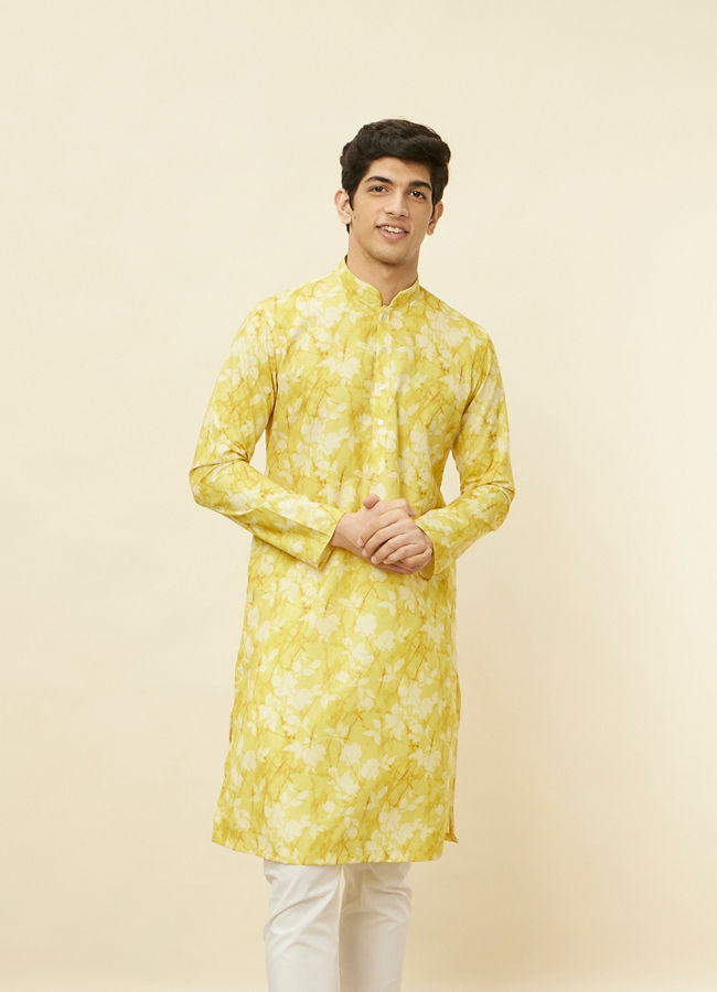 Manyawar Corn Yellow Floral Printed Kurta