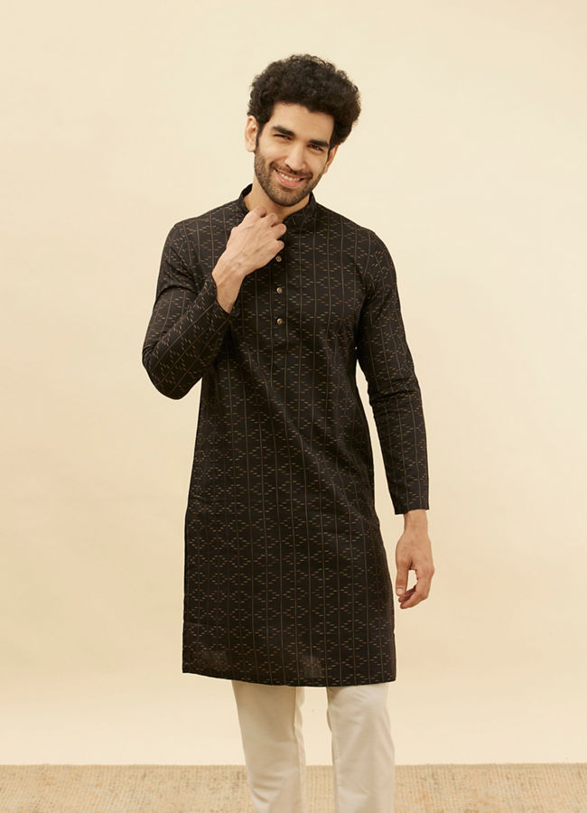 Manyawar Coal Black Linear Printed Kurta