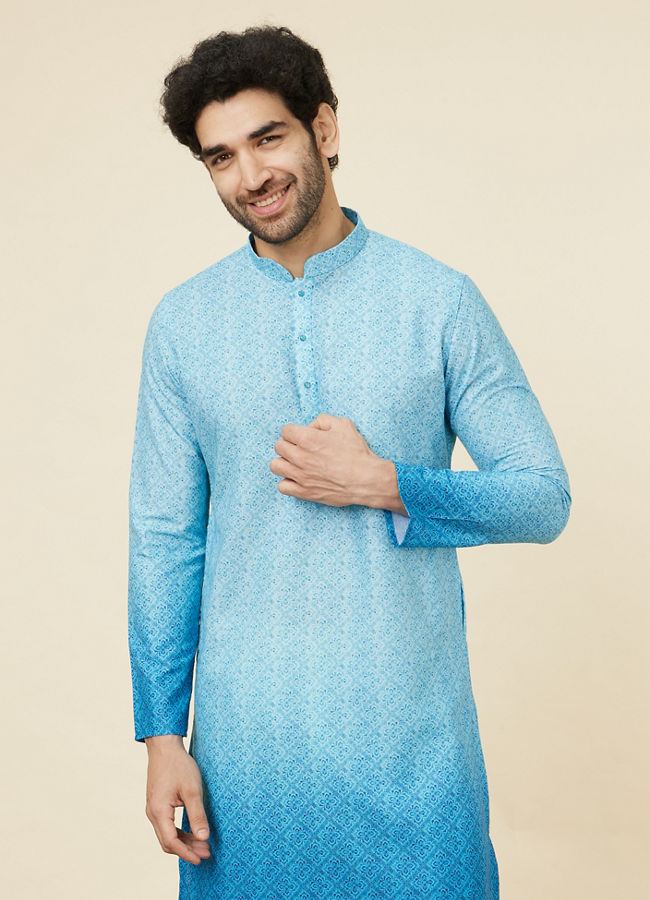 Manyawar Azure Blue Trellis Patterned Ombre Dyed Kurta