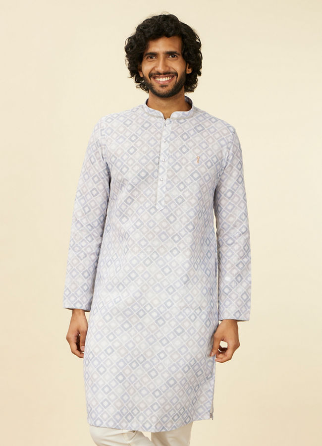 Manyawar Light Grey Geometric Patterned Angrakha Style Kurta