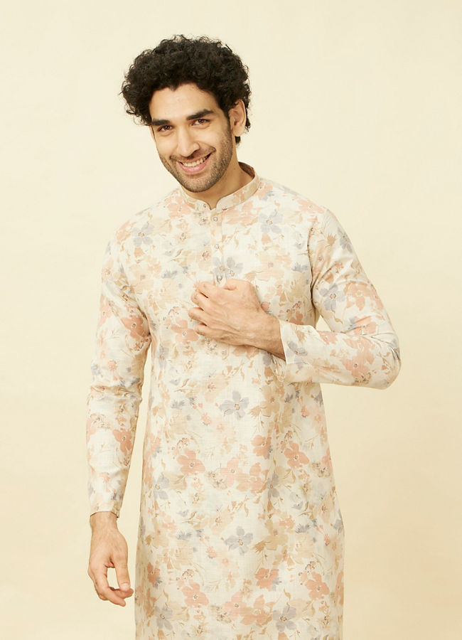 Manyawar Pearled Ivory White Floral Printed Kurta