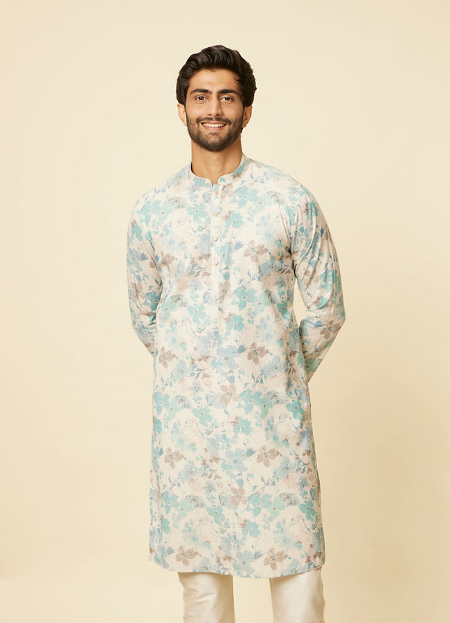 Manyawar Aqua Green Floral Printed Kurta