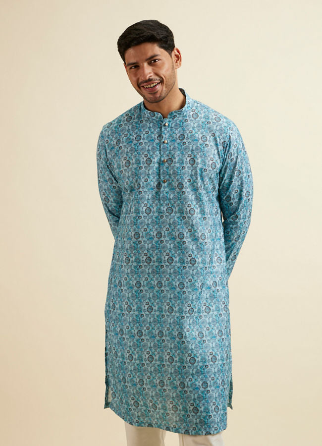 Manyawar Turquoise Blue Jaal Patterned Kurta