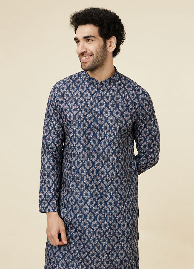 Manyawar Ink Blue Jaal and Medallion Patterned Kurta