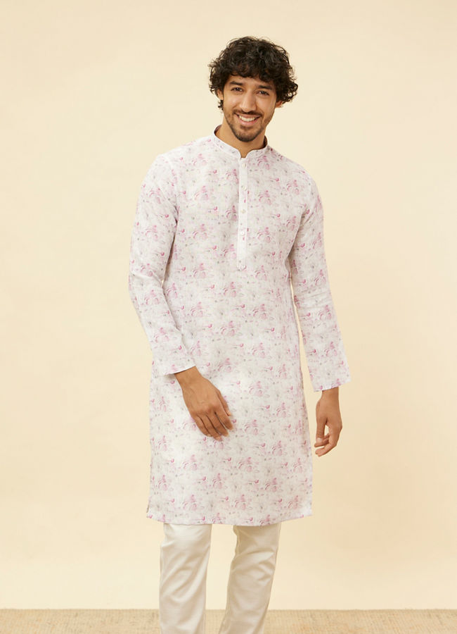 Manyawar Soft White Floral Printed Kurta