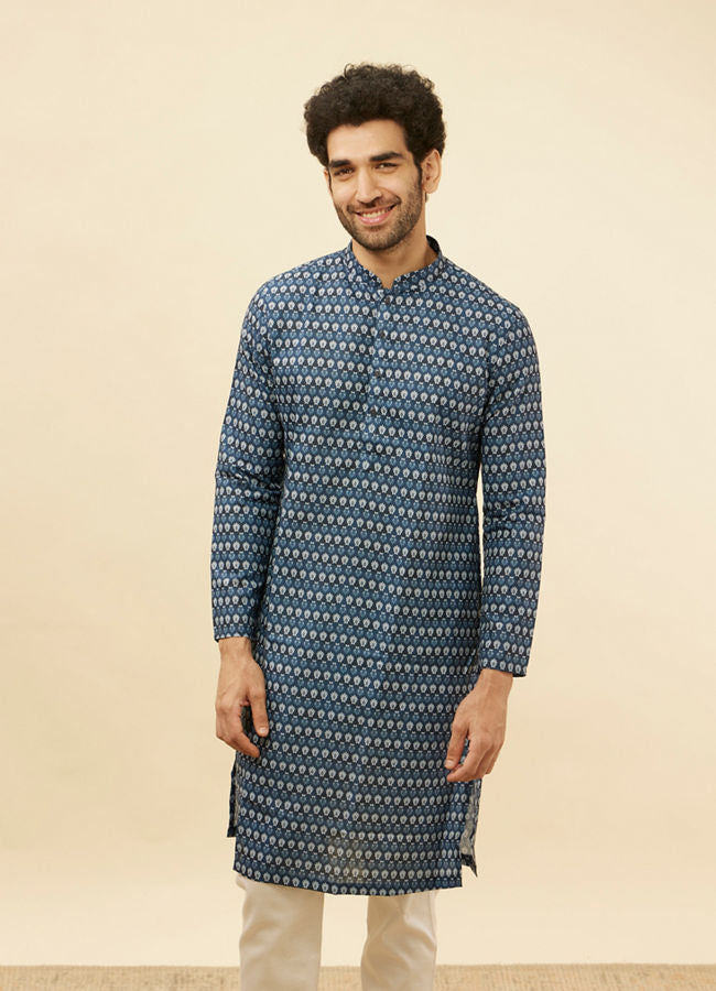 Manyawar Deep Blue Floral Buta Printed Kurta