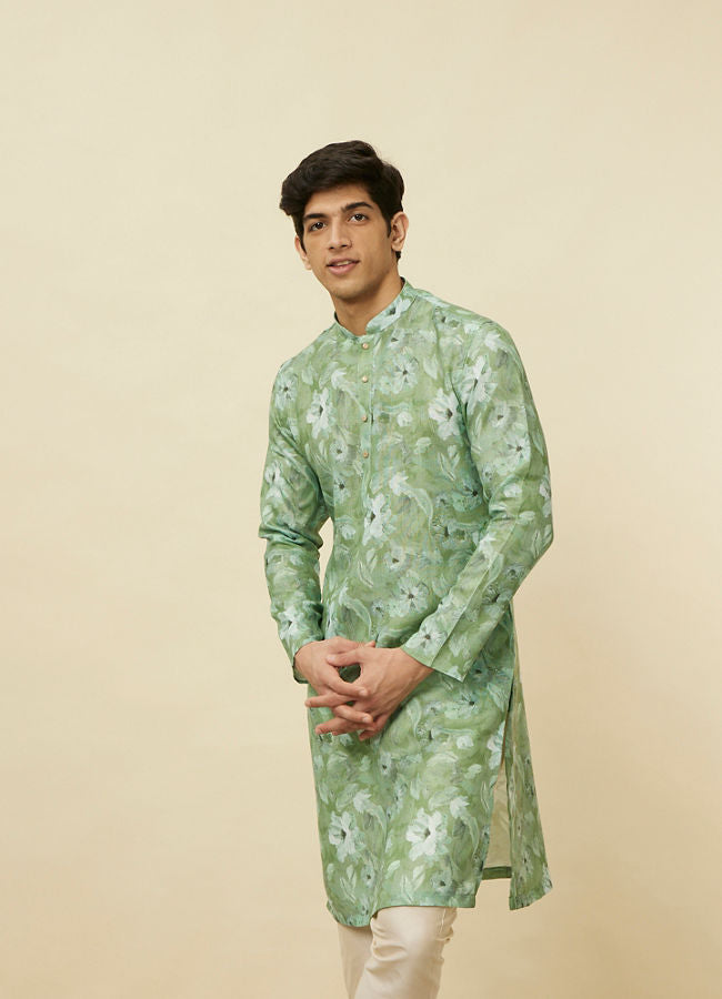 Manyawar Sage Green Floral Printed Kurta