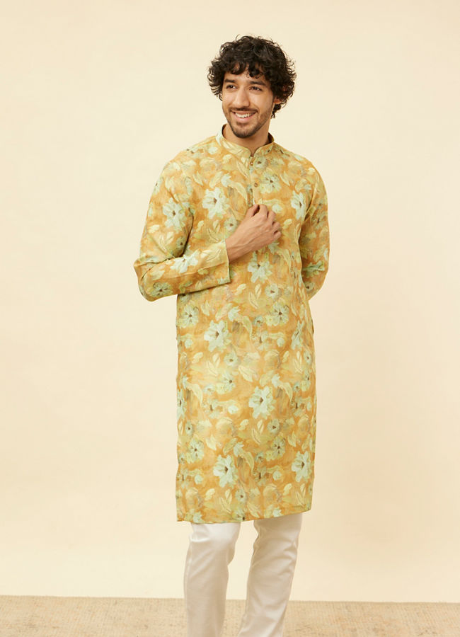 Manyawar Peach Yellow Floral Printed Kurta