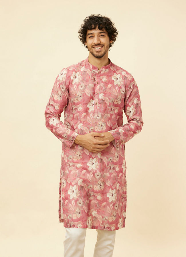 Manyawar Coral Pink Floral Printed Kurta