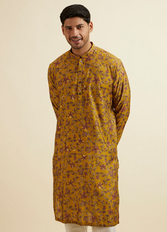 Manyawar Mustard Yellow Bel Buti Printed Kurta