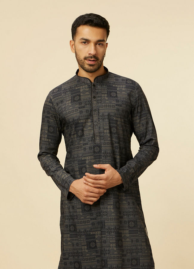 Manyawar Dark Grey Aztec Printed Kurta