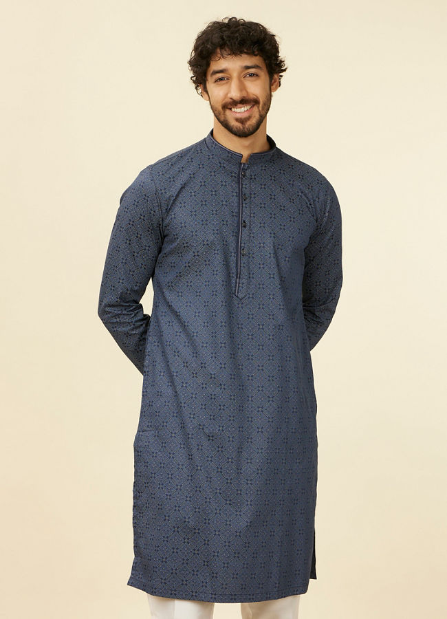 Manyawar Dark Blue Harlequin Patterned Kurta