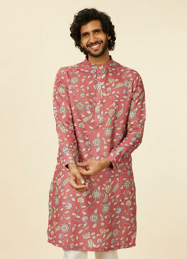 Manyawar Rust Red Bel Buti Patterned Kurta