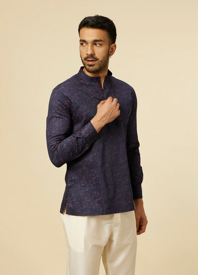 Manyawar Dark Blue Ditsy Floral Printed Short Kurta