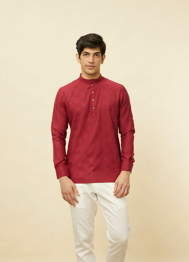 Manyawar True Red Square Grid Patterned Short Kurta