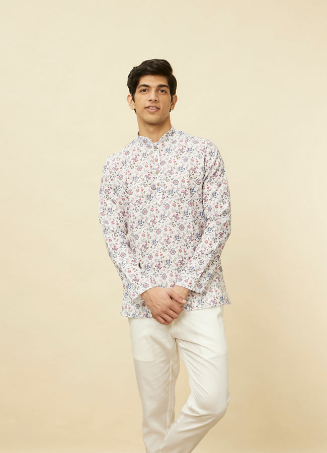 Manyawar Pristine White Bel Buti Printed Short Kurta