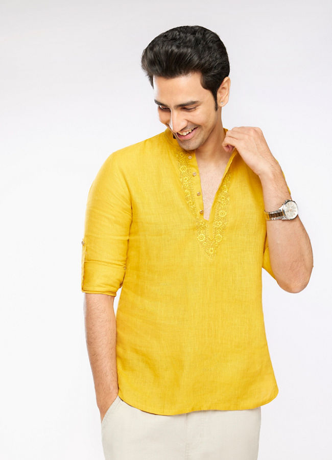 Manyawar Mustard Yellow Embroidered Neckline Short Kurta